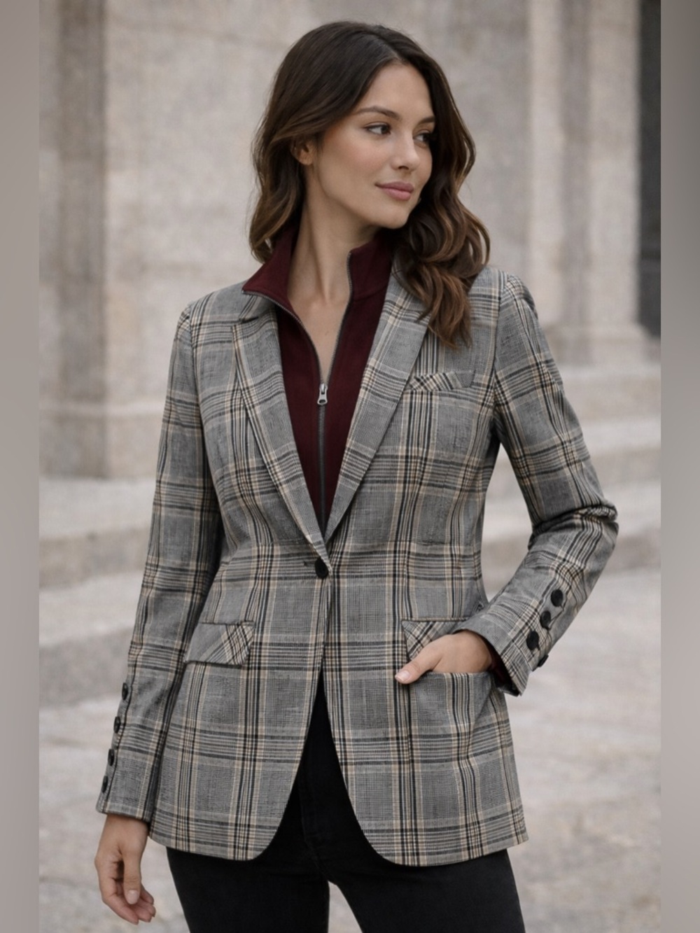Veronica‎ Beard Plaid Blazer Size 6  w/ Burgundy Dickey Classic Tailored Jacket